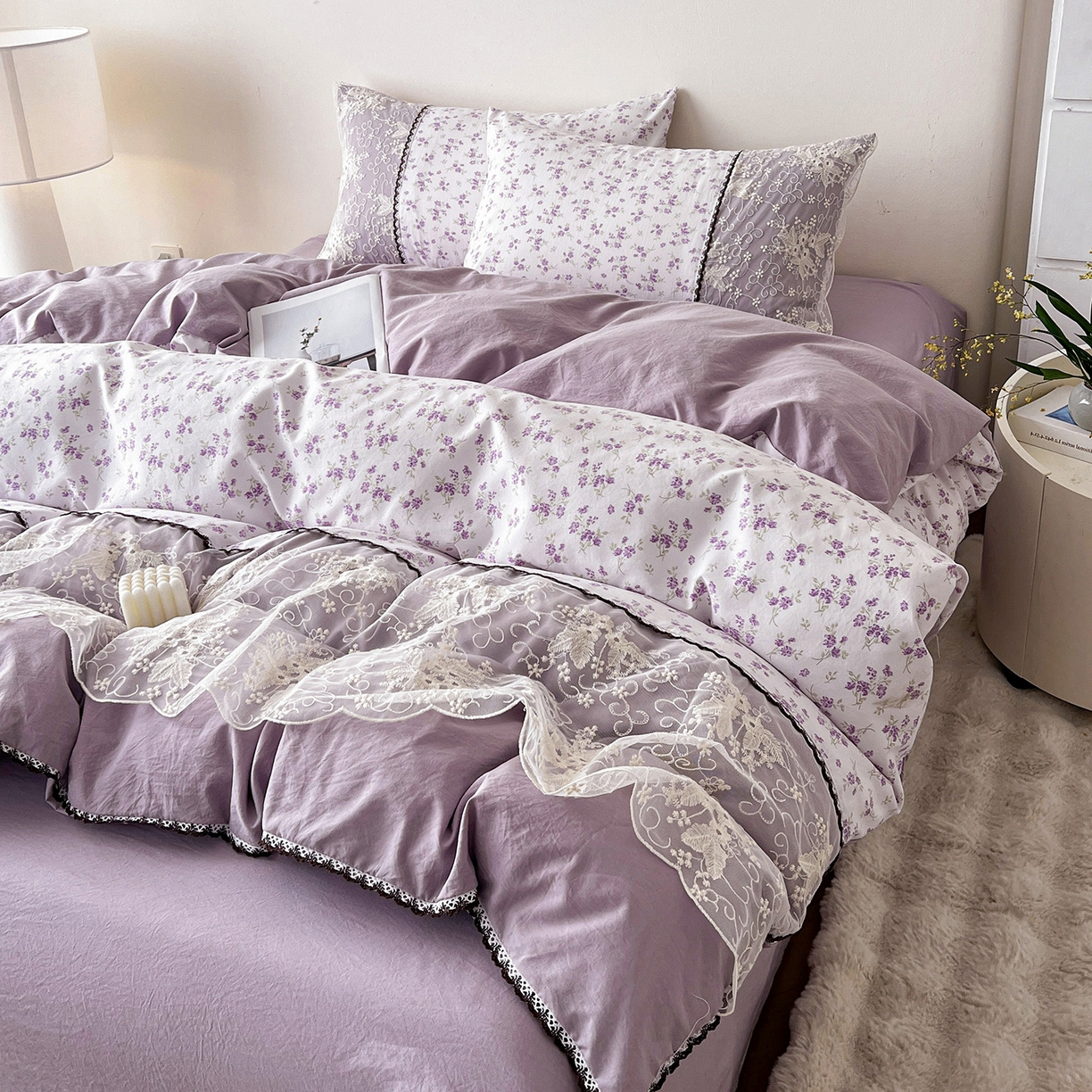 91家纺网 家纺一手货源 找家纺 纽缦家纺 2026新款A类105g仿棉四件套古法水洗棉套件-韩版系列 韩版-波影紫