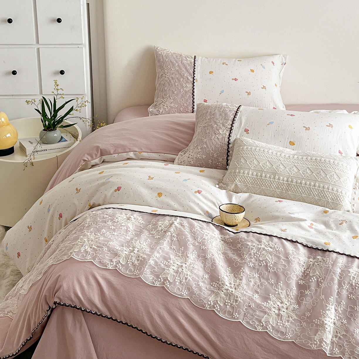 91家纺网 家纺一手货源 找家纺 纽缦家纺 2026新款A类105g仿棉四件套古法水洗棉套件-韩版系列 韩版-莱茵杏