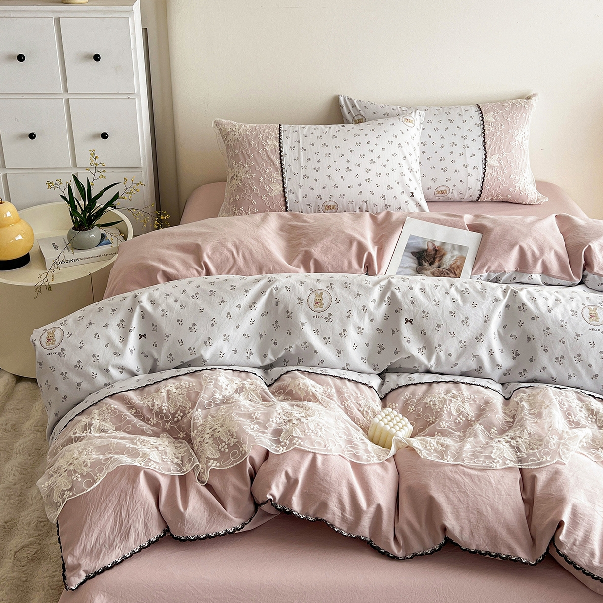 91家纺网 家纺一手货源 找家纺 纽缦家纺 2026新款A类105g仿棉四件套古法水洗棉套件-韩版系列 韩版-恋空灰