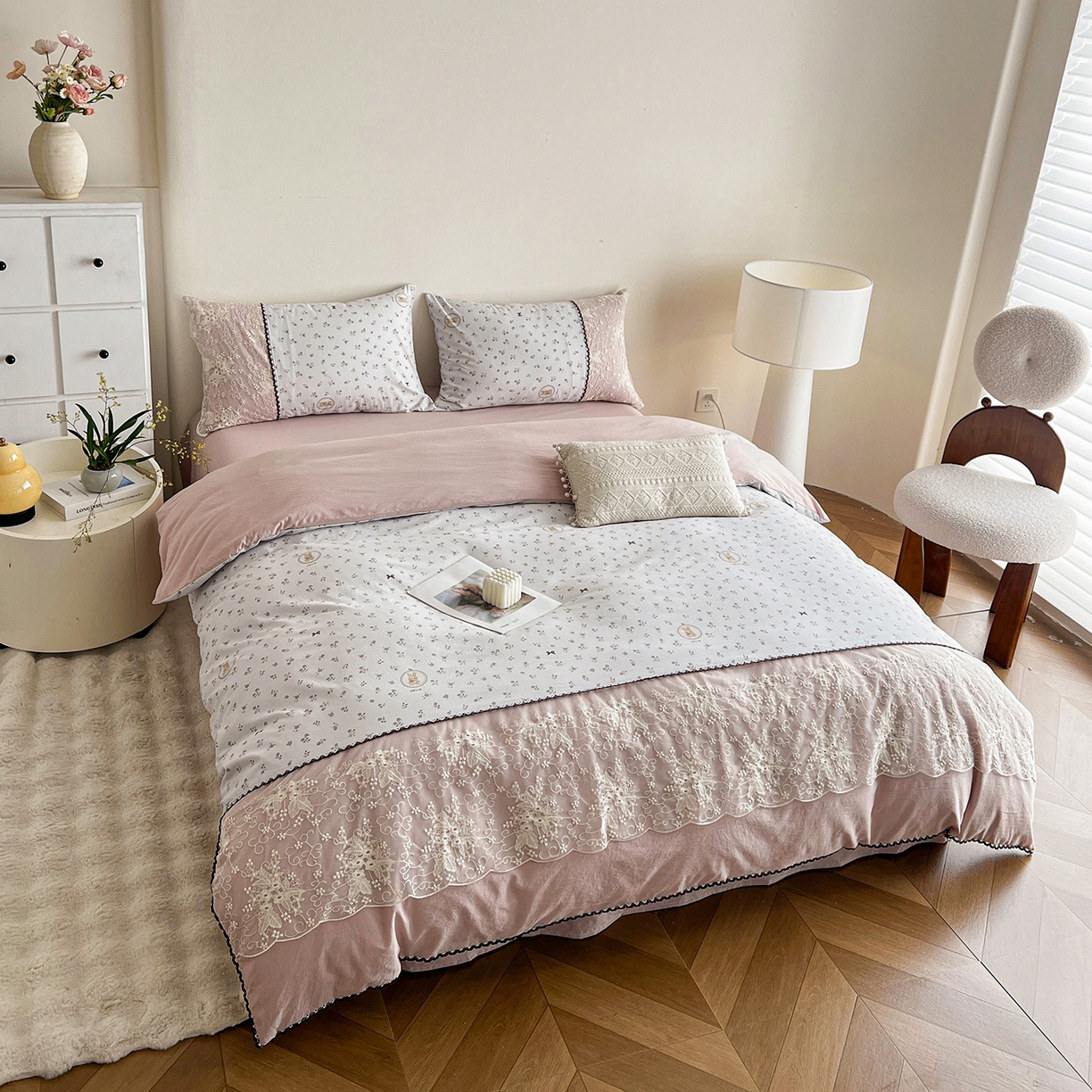 91家纺网 家纺一手货源 找家纺 纽缦家纺 2026新款A类105g仿棉四件套古法水洗棉套件-韩版系列 韩版-恋空灰