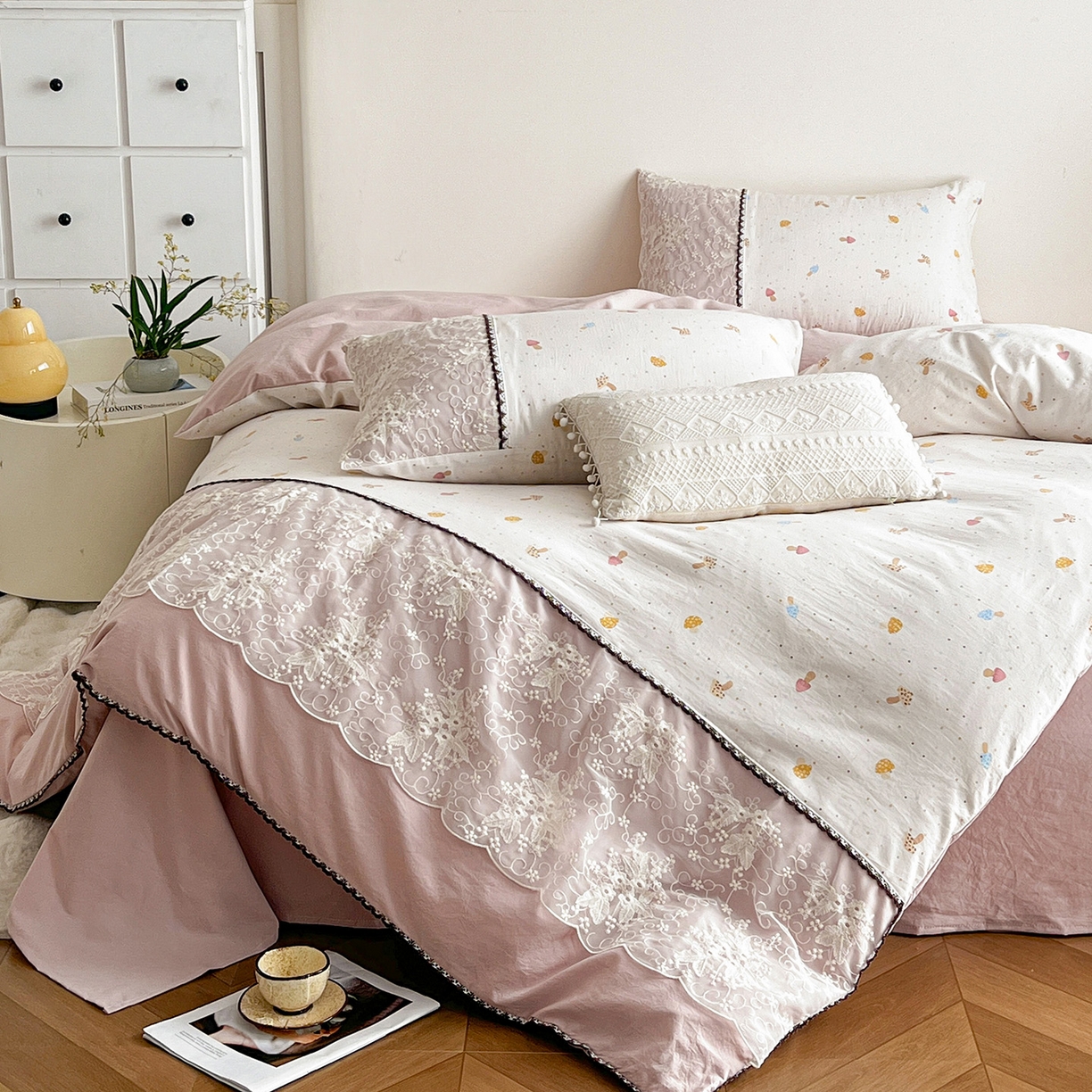 91家纺网 家纺一手货源 找家纺 纽缦家纺 2026新款A类105g仿棉四件套古法水洗棉套件-韩版系列 韩版-莱茵杏