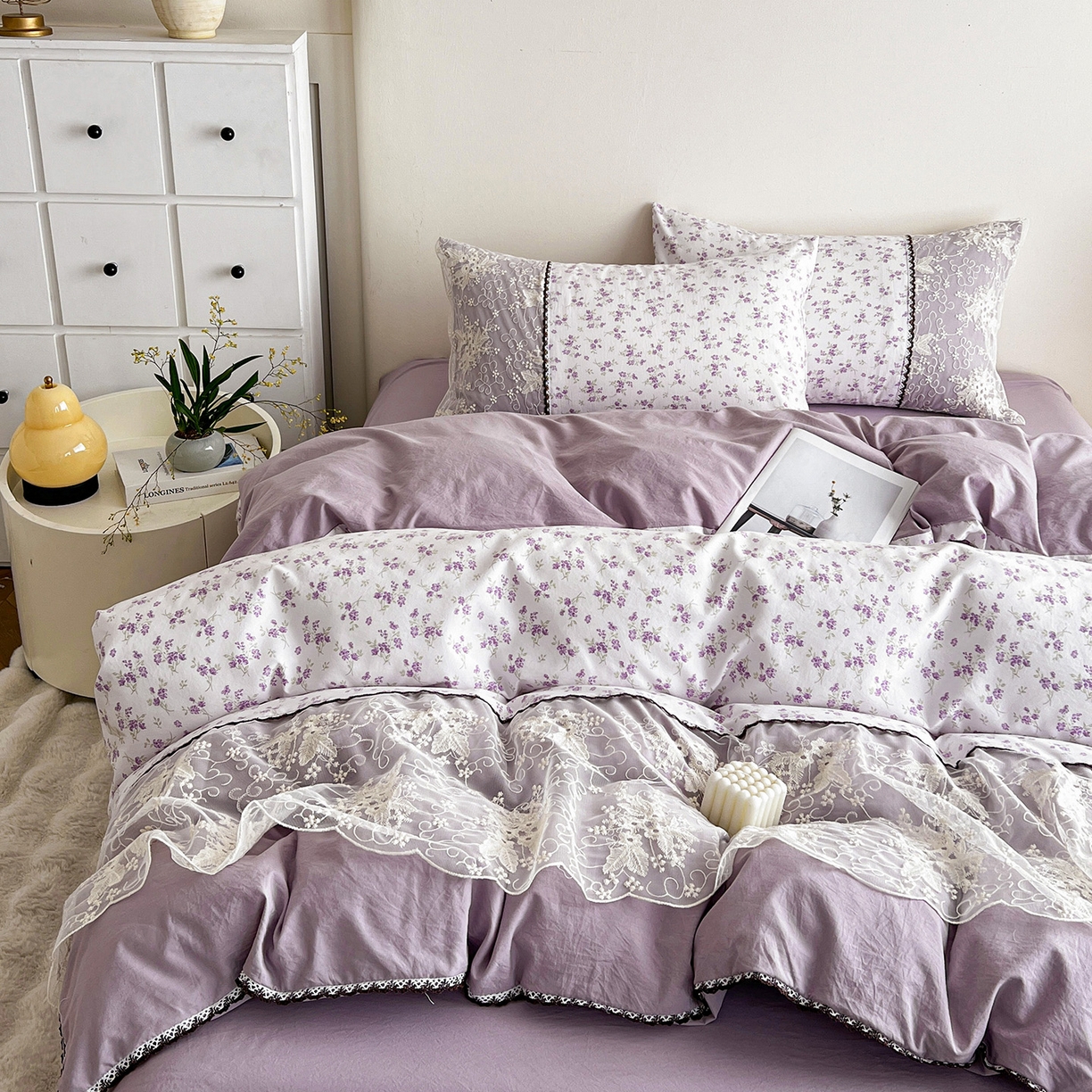 91家纺网 家纺一手货源 找家纺 纽缦家纺 2026新款A类105g仿棉四件套古法水洗棉套件-韩版系列 韩版-波影紫