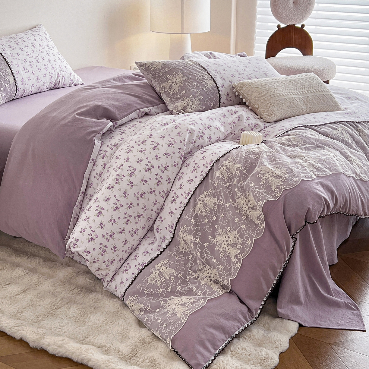 91家纺网 家纺一手货源 找家纺 纽缦家纺 2026新款A类105g仿棉四件套古法水洗棉套件-韩版系列 韩版-波影紫