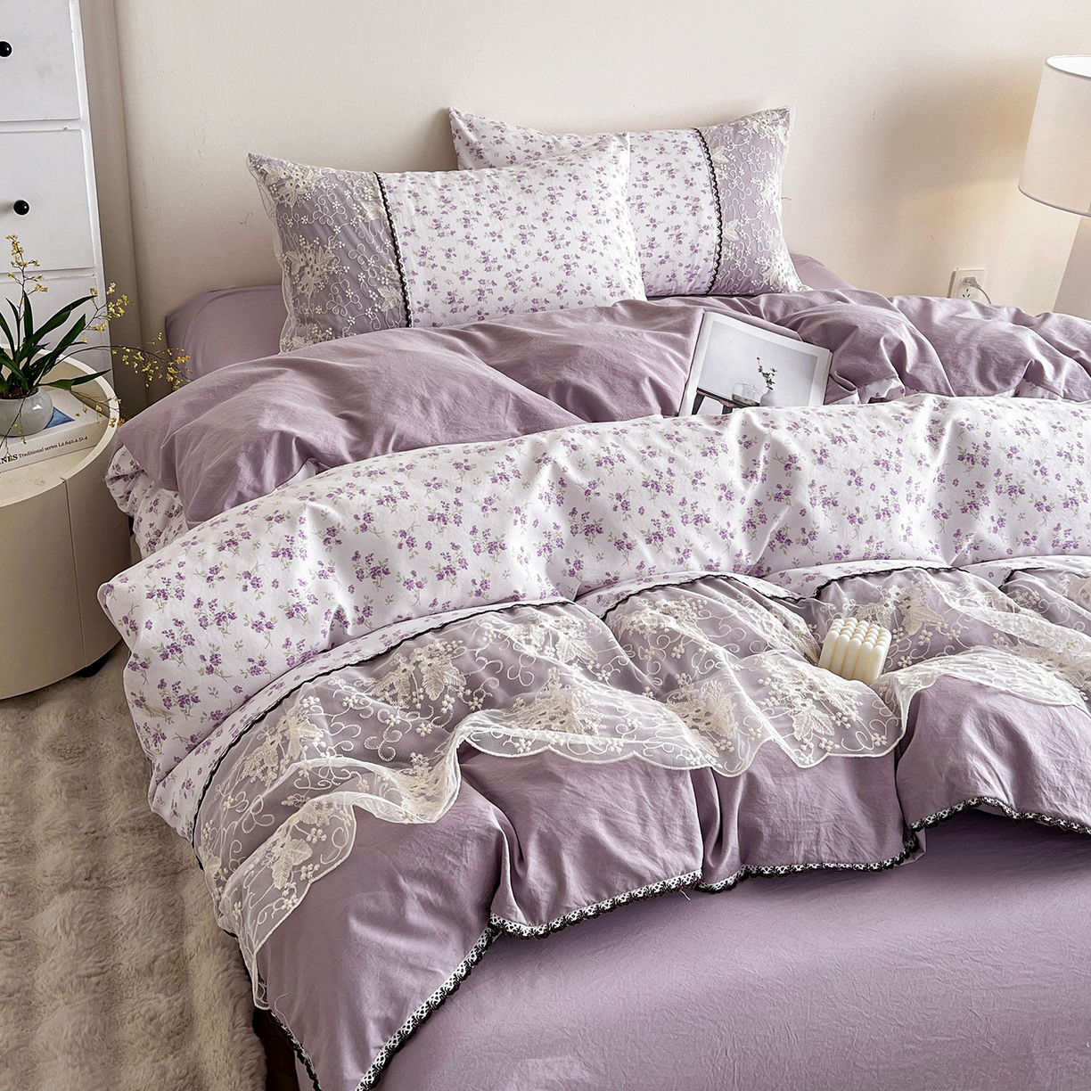 91家纺网 家纺一手货源 找家纺 纽缦家纺 2026新款A类105g仿棉四件套古法水洗棉套件-韩版系列 韩版-波影紫