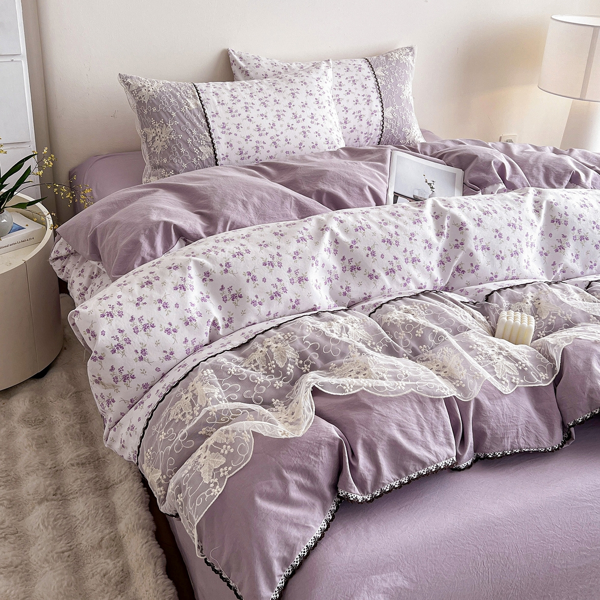 纽缦家纺 2026新款A类105g仿棉四件套古法水洗棉套件-韩版系列 韩版-波影紫