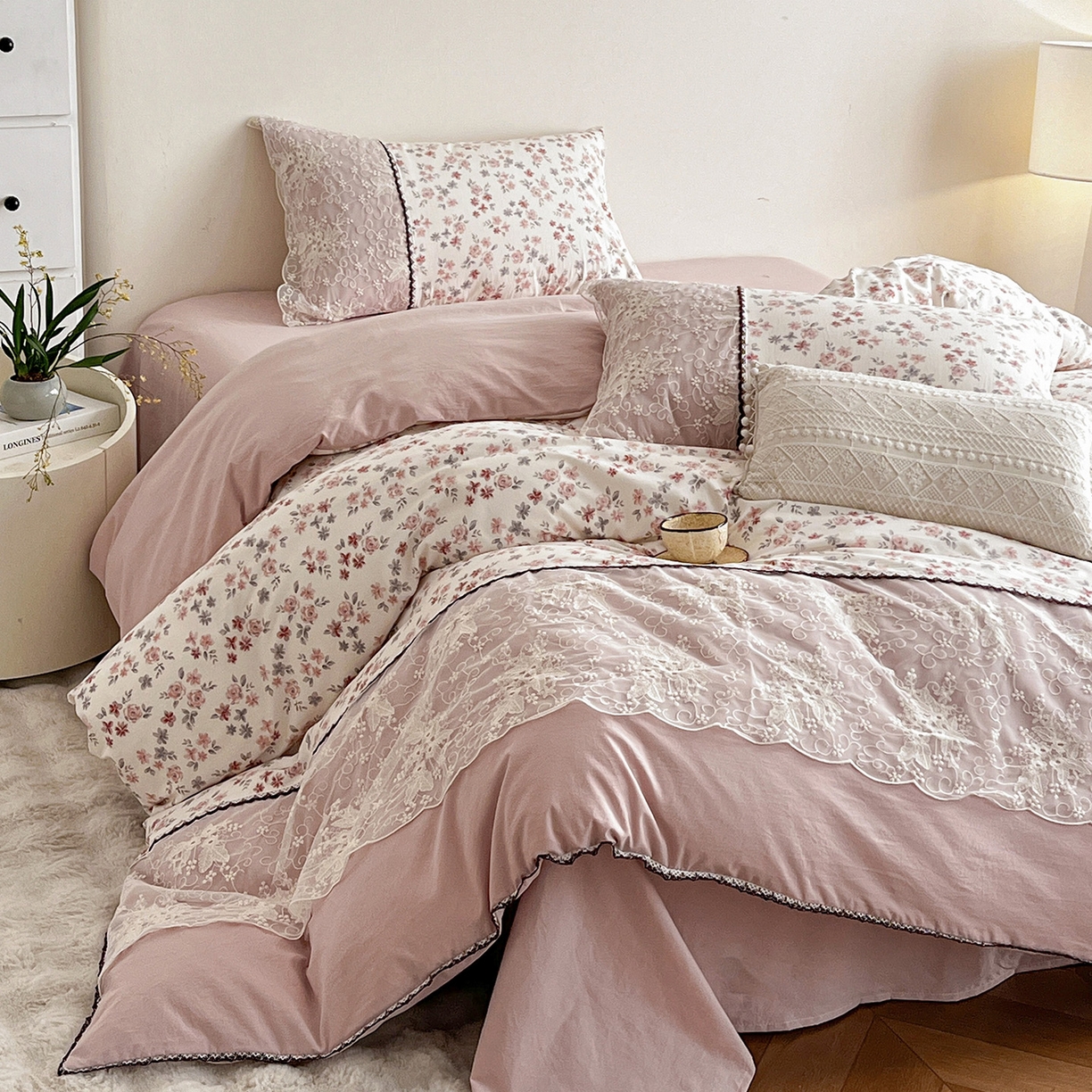 91家纺网 家纺一手货源 找家纺 纽缦家纺 2026新款A类105g仿棉四件套古法水洗棉套件-韩版系列 韩版-芊朵豆沙