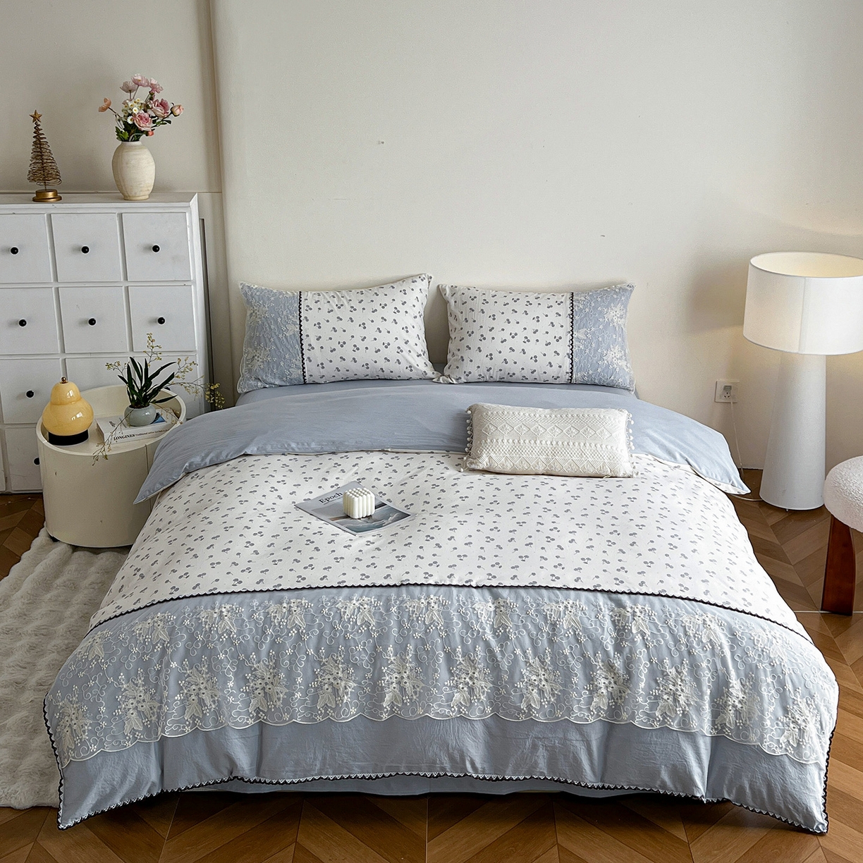 91家纺网 家纺一手货源 找家纺 纽缦家纺 2026新款A类105g仿棉四件套古法水洗棉套件-韩版系列 韩版-清丽灰