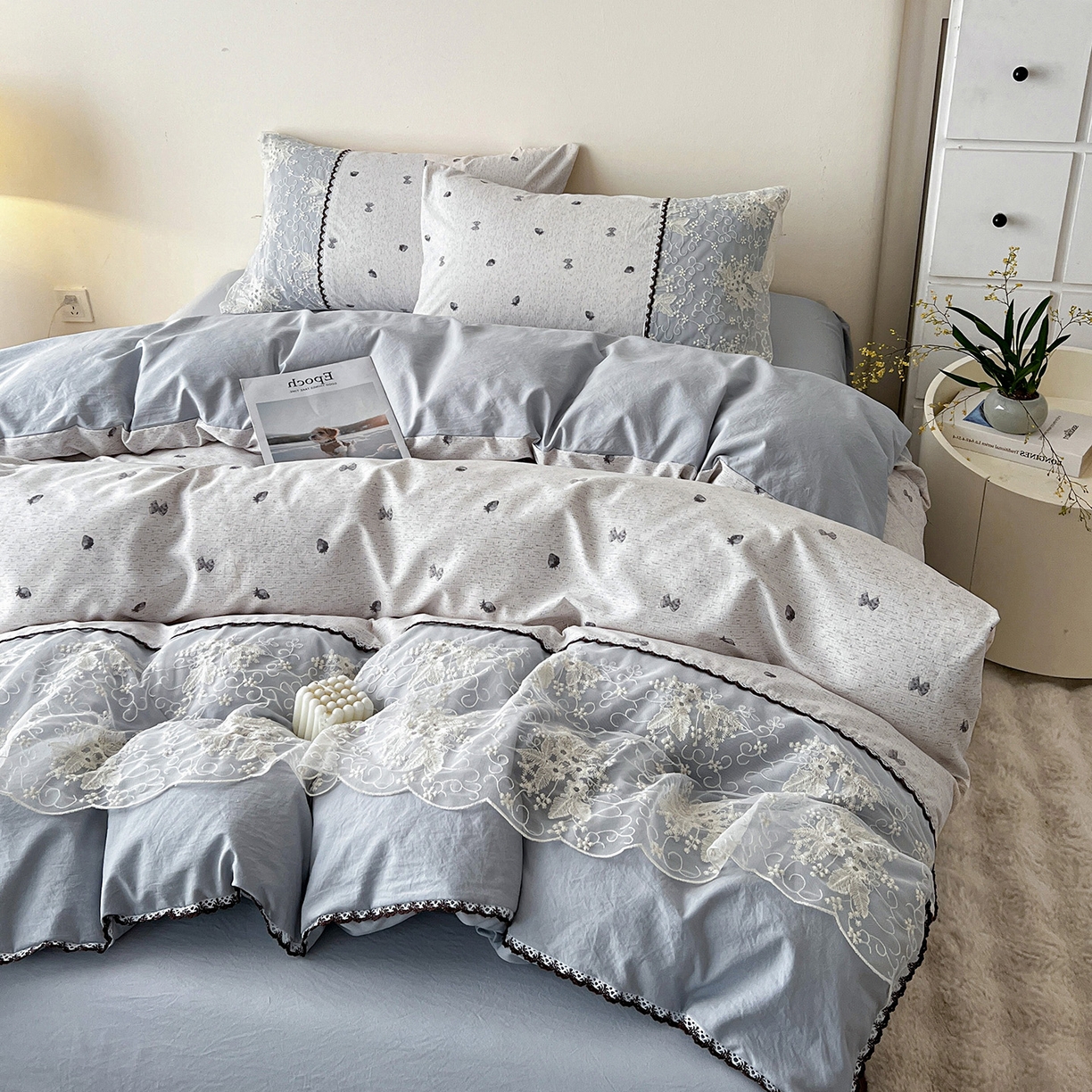 91家纺网 家纺一手货源 找家纺 纽缦家纺 2026新款A类105g仿棉四件套古法水洗棉套件-韩版系列 韩版-初春灰