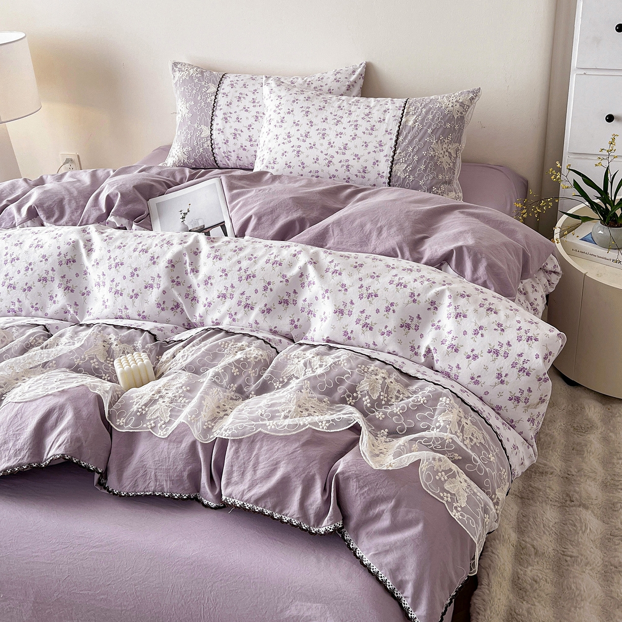 91家纺网 家纺一手货源 找家纺 纽缦家纺 2026新款A类105g仿棉四件套古法水洗棉套件-韩版系列 韩版-波影紫