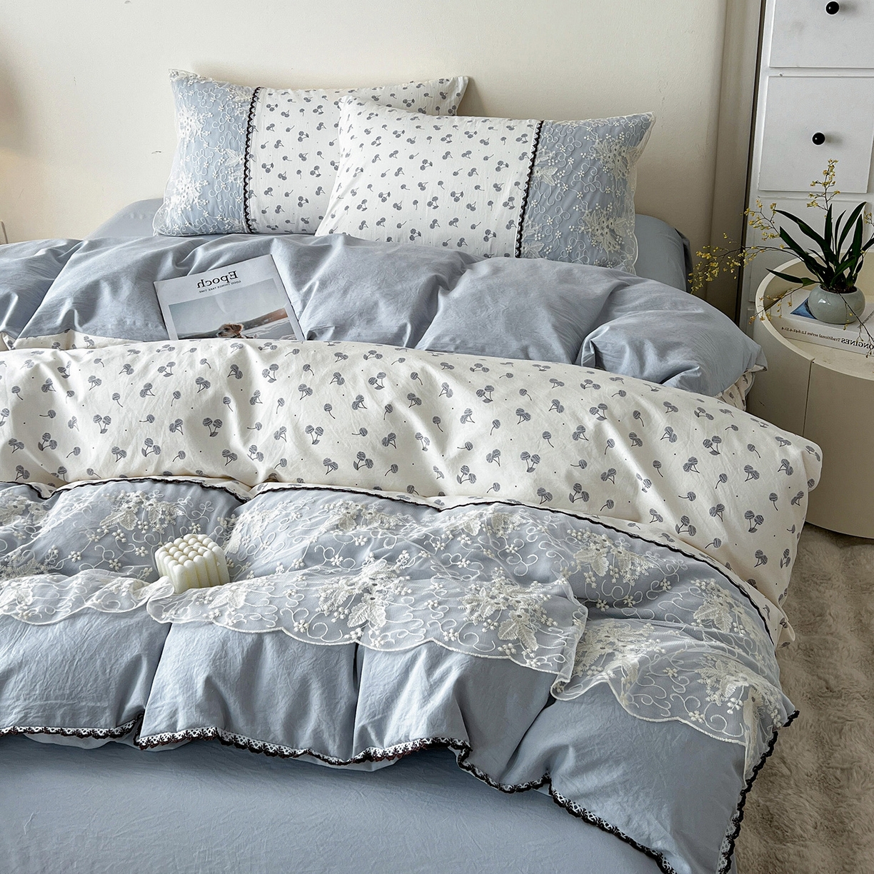 91家纺网 家纺一手货源 找家纺 纽缦家纺 2026新款A类105g仿棉四件套古法水洗棉套件-韩版系列 韩版-清丽灰