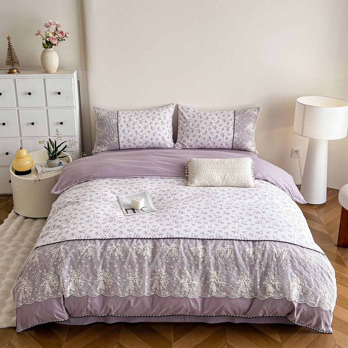 91家纺网 家纺一手货源 找家纺 纽缦家纺 2026新款A类105g仿棉四件套古法水洗棉套件-韩版系列 韩版-波影紫