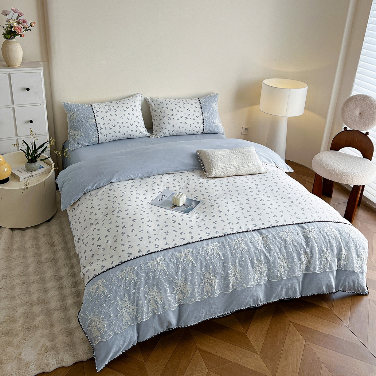 91家纺网 家纺一手货源 找家纺 纽缦家纺 2026新款A类105g仿棉四件套古法水洗棉套件-韩版系列 韩版-清丽灰