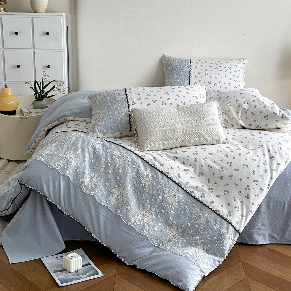 91家纺网 家纺一手货源 找家纺 纽缦家纺 2026新款A类105g仿棉四件套古法水洗棉套件-韩版系列 韩版-清丽灰