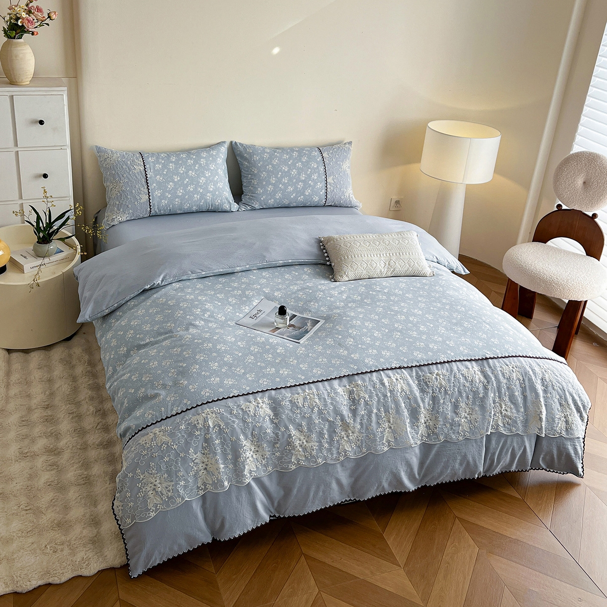 91家纺网 家纺一手货源 找家纺 纽缦家纺 2026新款A类105g仿棉四件套古法水洗棉套件-韩版系列 韩版-密爱兰