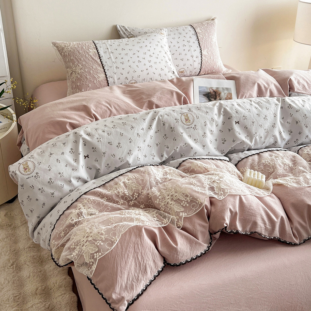 91家纺网 家纺一手货源 找家纺 纽缦家纺 2026新款A类105g仿棉四件套古法水洗棉套件-韩版系列 韩版-恋空灰