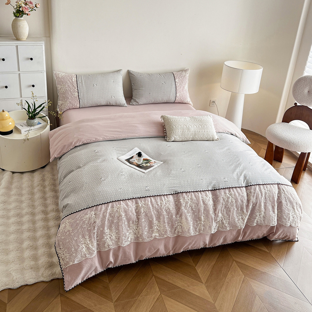 91家纺网 家纺一手货源 找家纺 纽缦家纺 2026新款A类105g仿棉四件套古法水洗棉套件-韩版系列 韩版-嫣然灰