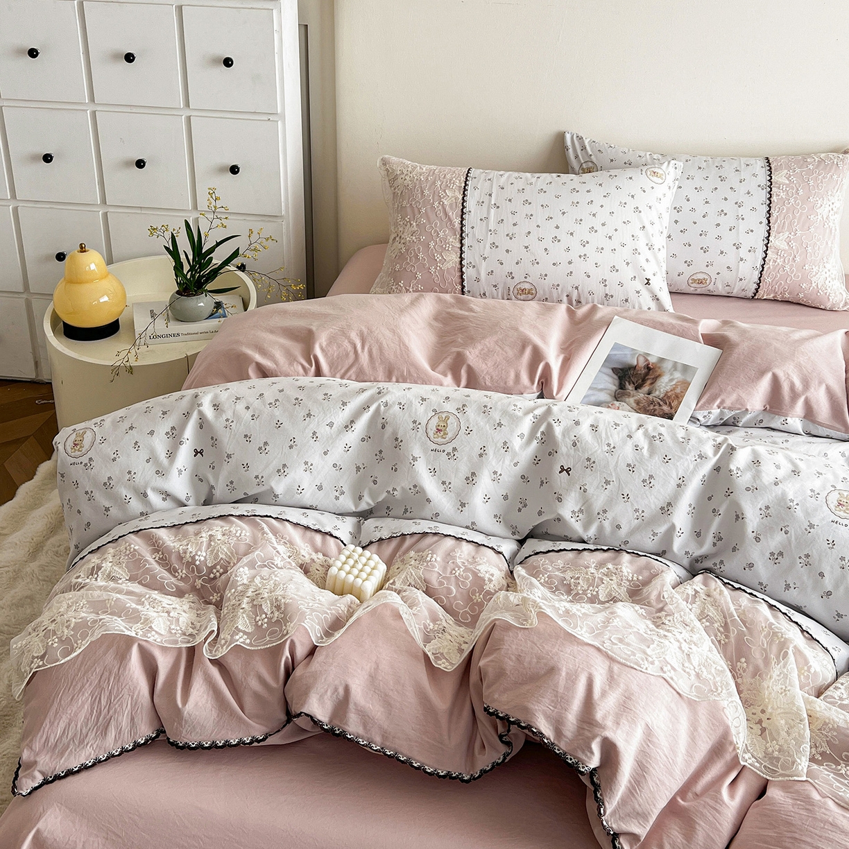 91家纺网 家纺一手货源 找家纺 纽缦家纺 2026新款A类105g仿棉四件套古法水洗棉套件-韩版系列 韩版-恋空灰