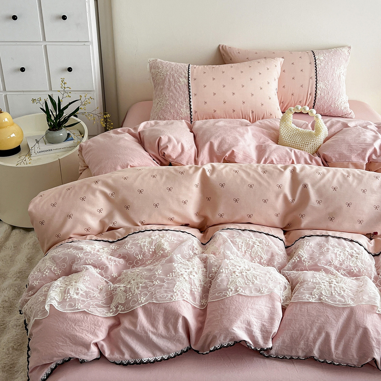 91家纺网 家纺一手货源 找家纺 纽缦家纺 2026新款A类105g仿棉四件套古法水洗棉套件-韩版系列 韩版-梦樱粉