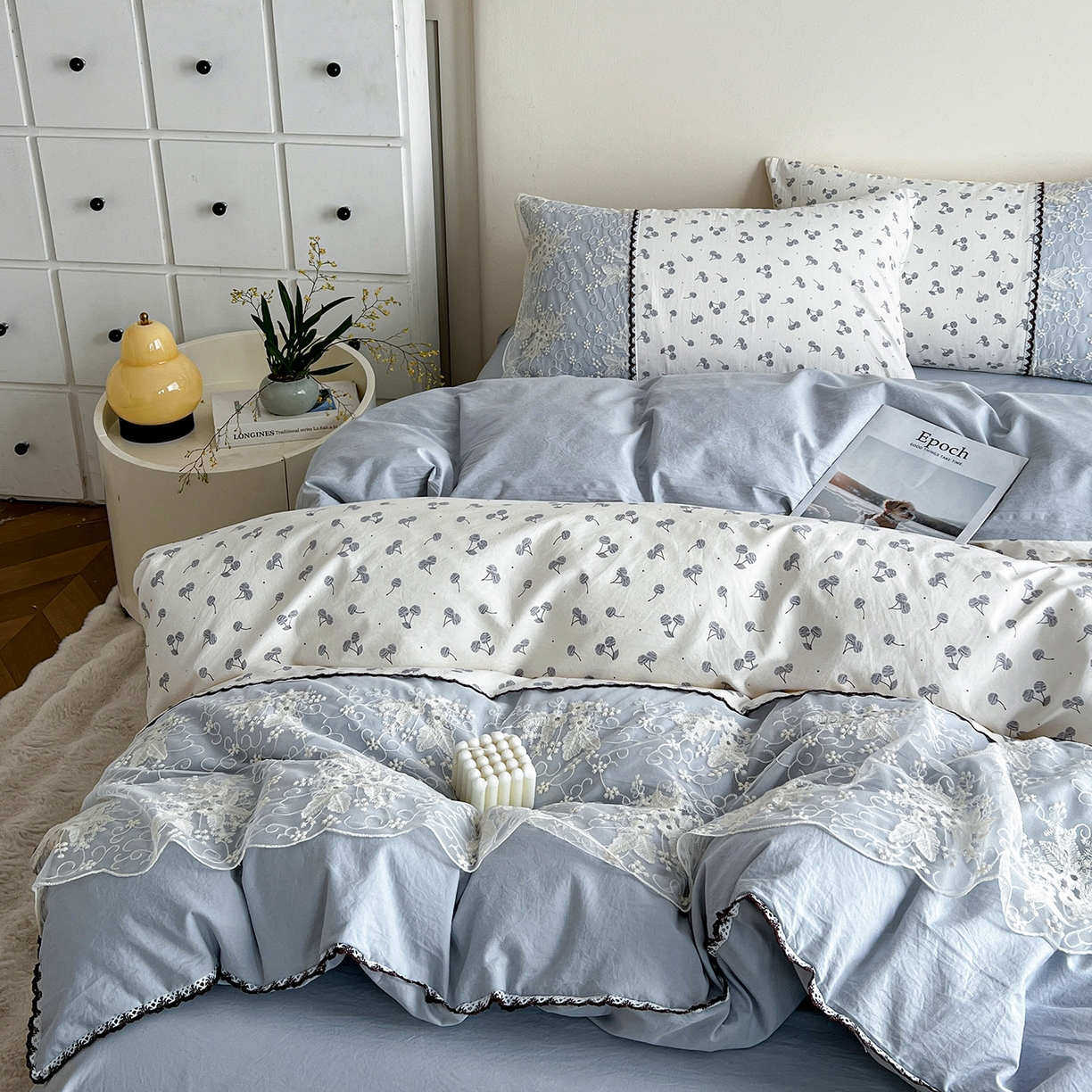 91家纺网 家纺一手货源 找家纺 纽缦家纺 2026新款A类105g仿棉四件套古法水洗棉套件-韩版系列 韩版-清丽灰