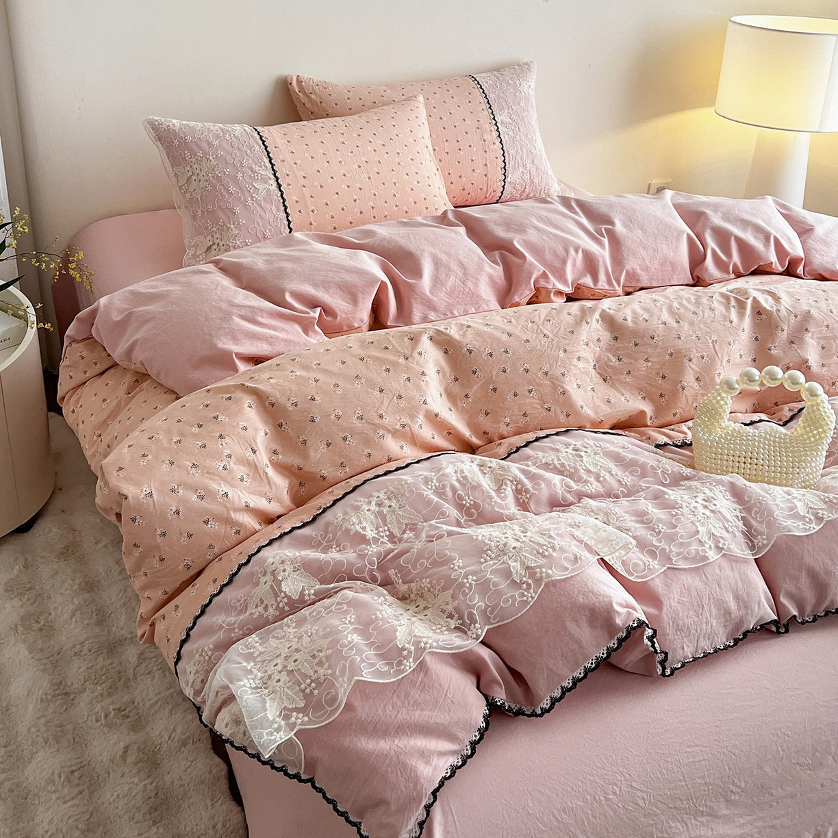 纽缦家纺 2026新款A类105g仿棉四件套古法水洗棉套件-韩版系列 韩版-花菲花粉