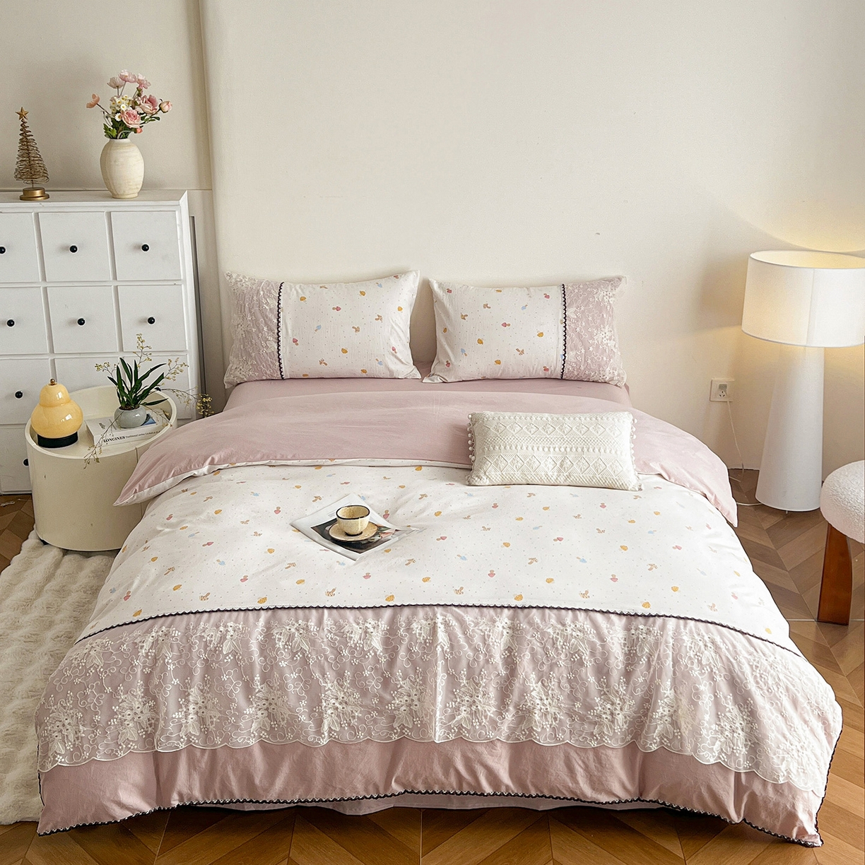 91家纺网 家纺一手货源 找家纺 纽缦家纺 2026新款A类105g仿棉四件套古法水洗棉套件-韩版系列 韩版-莱茵杏