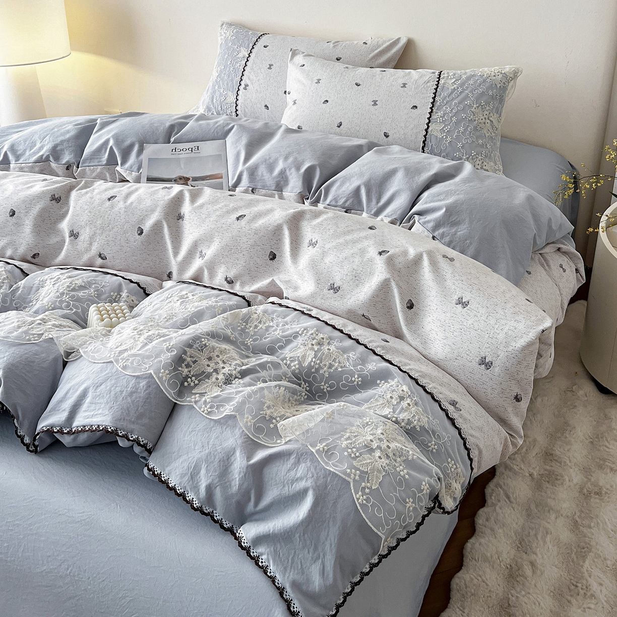 91家纺网 家纺一手货源 找家纺 纽缦家纺 2026新款A类105g仿棉四件套古法水洗棉套件-韩版系列 韩版-初春灰