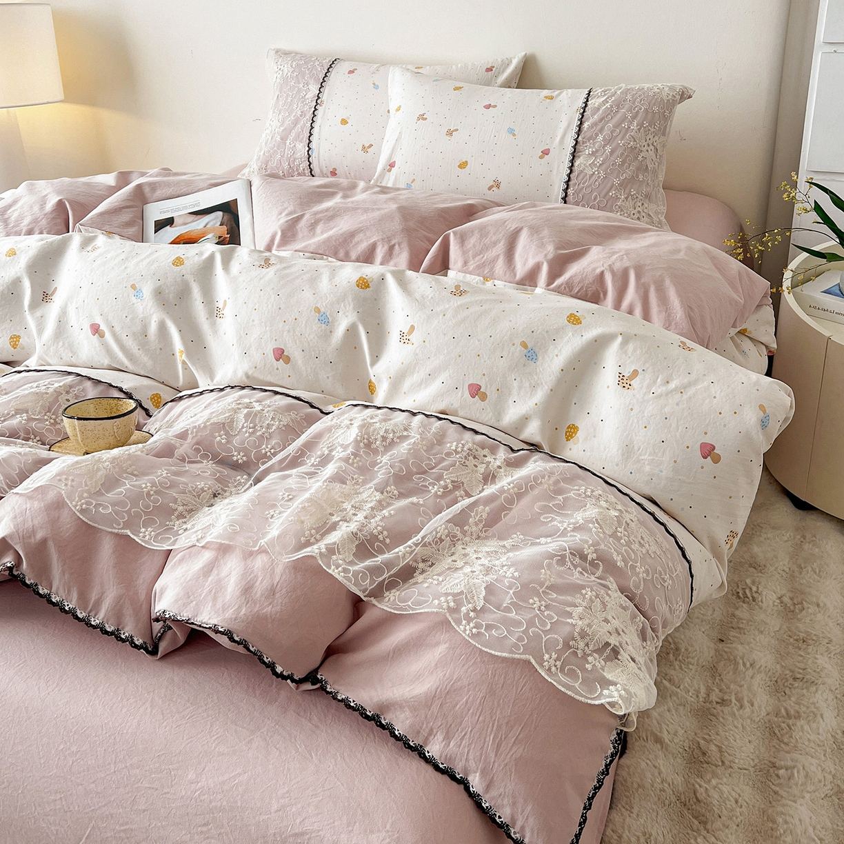 91家纺网 家纺一手货源 找家纺 纽缦家纺 2026新款A类105g仿棉四件套古法水洗棉套件-韩版系列 韩版-莱茵杏