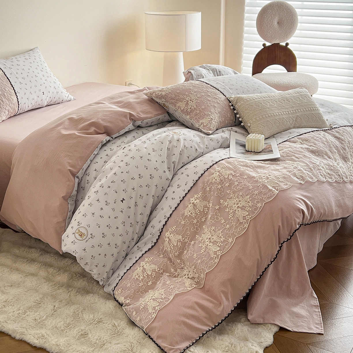 91家纺网 家纺一手货源 找家纺 纽缦家纺 2026新款A类105g仿棉四件套古法水洗棉套件-韩版系列 韩版-恋空灰