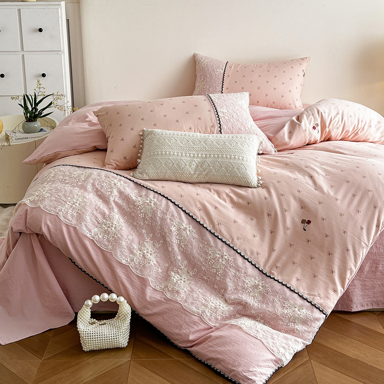 91家纺网 家纺一手货源 找家纺 纽缦家纺 2026新款A类105g仿棉四件套古法水洗棉套件-韩版系列 韩版-梦樱粉