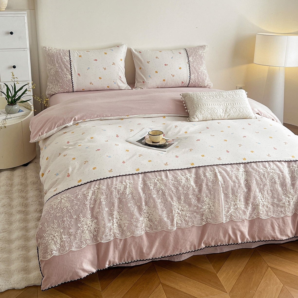 91家纺网 家纺一手货源 找家纺 纽缦家纺 2026新款A类105g仿棉四件套古法水洗棉套件-韩版系列 韩版-莱茵杏