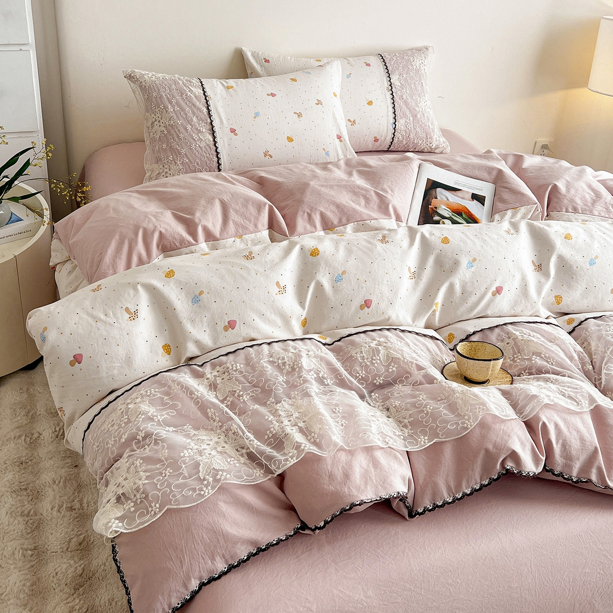 91家纺网 家纺一手货源 找家纺 纽缦家纺 2026新款A类105g仿棉四件套古法水洗棉套件-韩版系列 韩版-莱茵杏