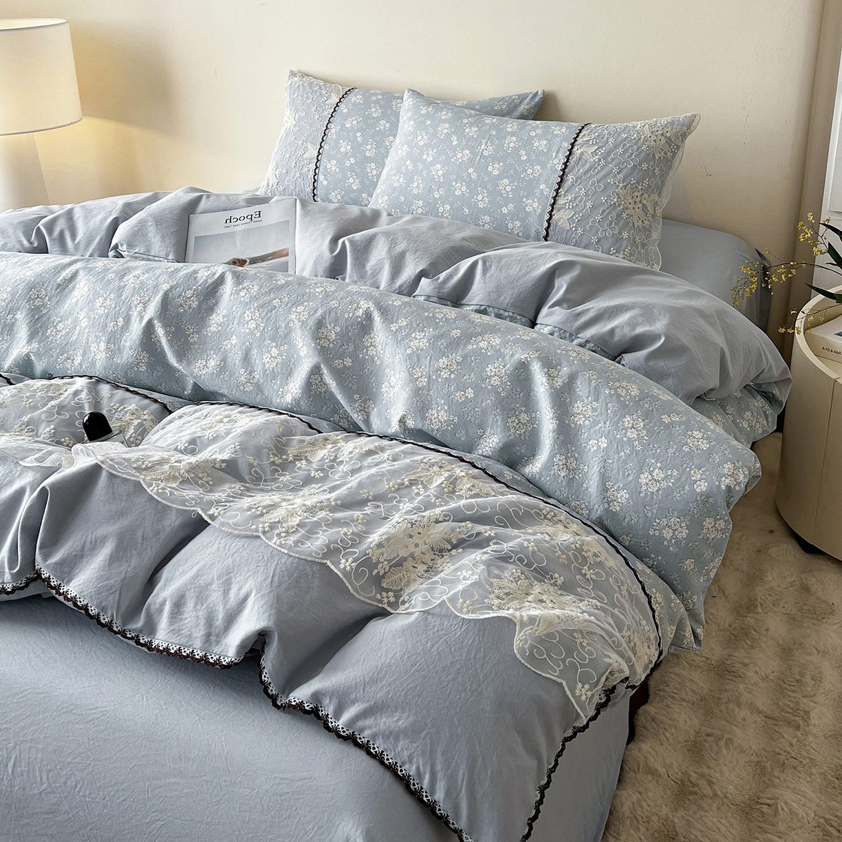 91家纺网 家纺一手货源 找家纺 纽缦家纺 2026新款A类105g仿棉四件套古法水洗棉套件-韩版系列 韩版-密爱兰