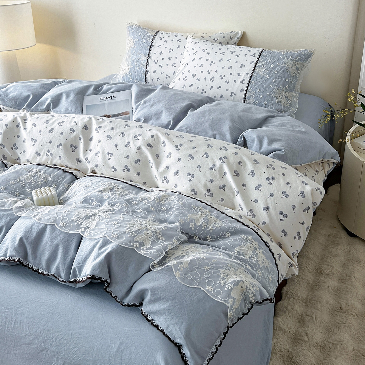 91家纺网 家纺一手货源 找家纺 纽缦家纺 2026新款A类105g仿棉四件套古法水洗棉套件-韩版系列 韩版-清丽灰