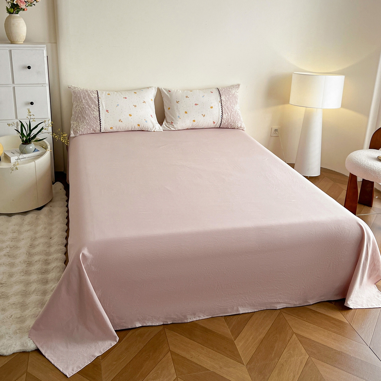 91家纺网 家纺一手货源 找家纺 纽缦家纺 2026新款A类105g仿棉四件套古法水洗棉套件-韩版系列 韩版-莱茵杏