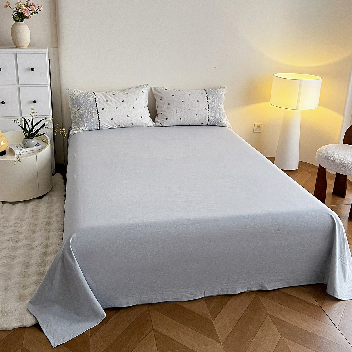 91家纺网 家纺一手货源 找家纺 纽缦家纺 2026新款A类105g仿棉四件套古法水洗棉套件-韩版系列 韩版-初春灰