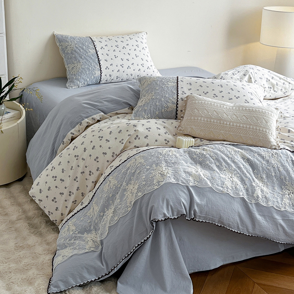 91家纺网 家纺一手货源 找家纺 纽缦家纺 2026新款A类105g仿棉四件套古法水洗棉套件-韩版系列 韩版-清丽灰