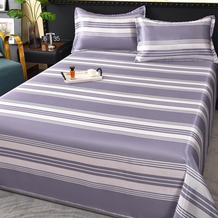 91家纺网 家纺一手货源 找家纺 念家居 2026新款轻奢可机洗水洗床单款高密大版斜纹冰丝凉席三件套 紫灰条纹 