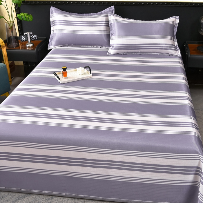 91家纺网 家纺一手货源 找家纺 念家居 2026新款轻奢可机洗水洗床单款高密大版斜纹冰丝凉席三件套 紫灰条纹 