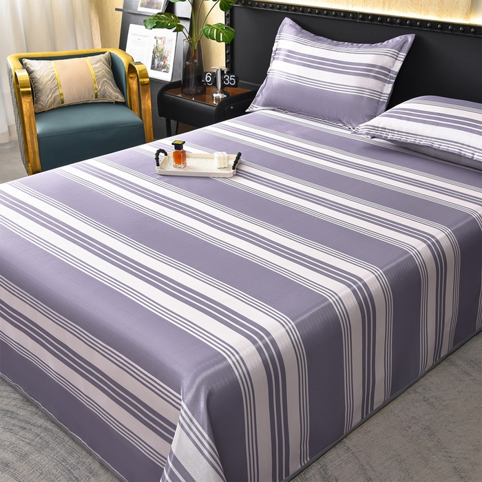 91家纺网 家纺一手货源 找家纺 念家居 2026新款轻奢可机洗水洗床单款高密大版斜纹冰丝凉席三件套 紫灰条纹 