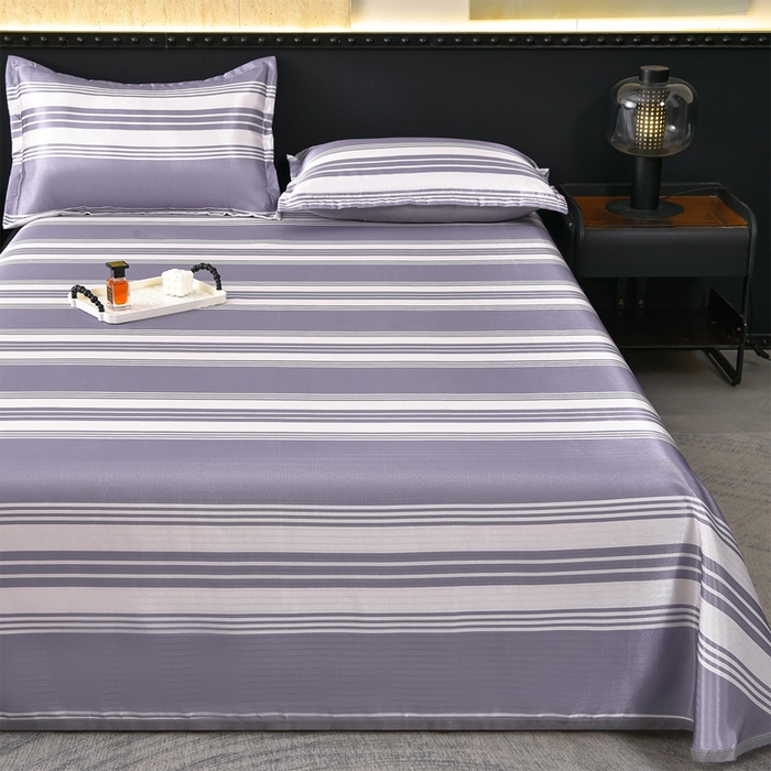 91家纺网 家纺一手货源 找家纺 念家居 2026新款轻奢可机洗水洗床单款高密大版斜纹冰丝凉席三件套 紫灰条纹 