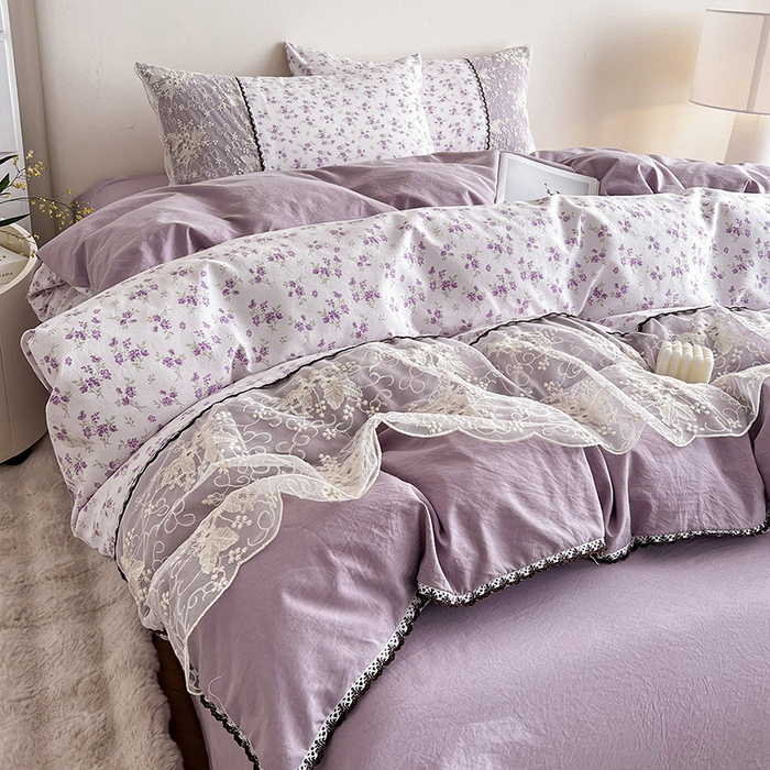 91家纺网 家纺一手货源 找家纺 纽缦家纺 2026新款A类105g仿棉四件套古法水洗棉套件-韩版系列 韩版-波影紫