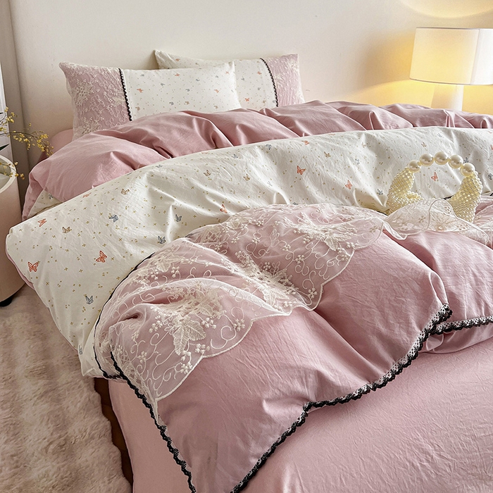 91家纺网 家纺一手货源 找家纺 纽缦家纺 2026新款A类105g仿棉四件套古法水洗棉套件-韩版系列 韩版-彩蝶红