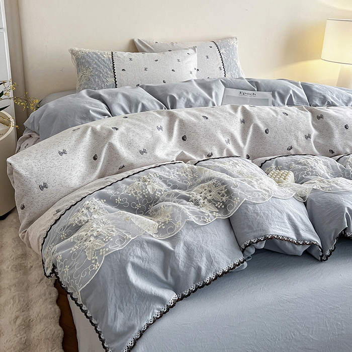 91家纺网 家纺一手货源 找家纺 纽缦家纺 2026新款A类105g仿棉四件套古法水洗棉套件-韩版系列 韩版-初春灰