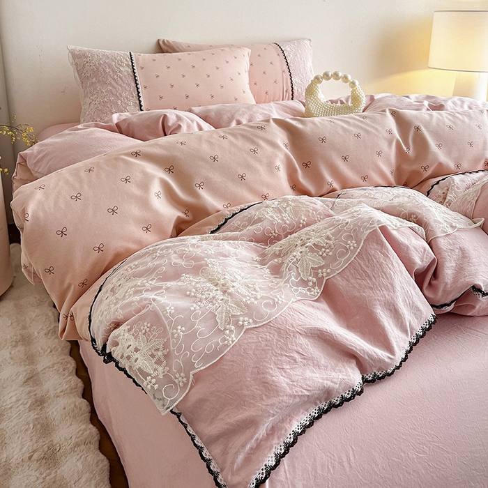 91家纺网 家纺一手货源 找家纺 纽缦家纺 2026新款A类105g仿棉四件套古法水洗棉套件-韩版系列 韩版-梦樱粉