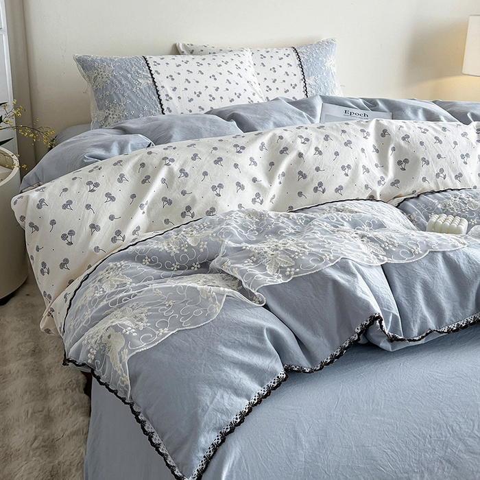 91家纺网 家纺一手货源 找家纺 纽缦家纺 2026新款A类105g仿棉四件套古法水洗棉套件-韩版系列 韩版-清丽灰