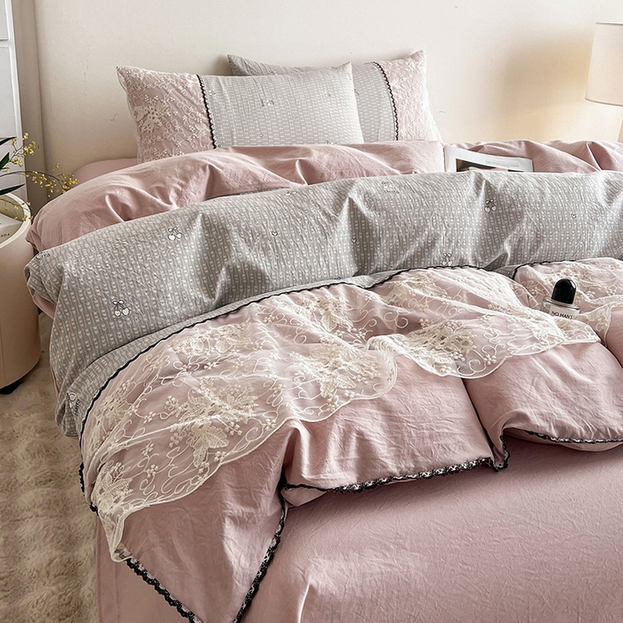 91家纺网 家纺一手货源 找家纺 纽缦家纺 2026新款A类105g仿棉四件套古法水洗棉套件-韩版系列 韩版-嫣然灰