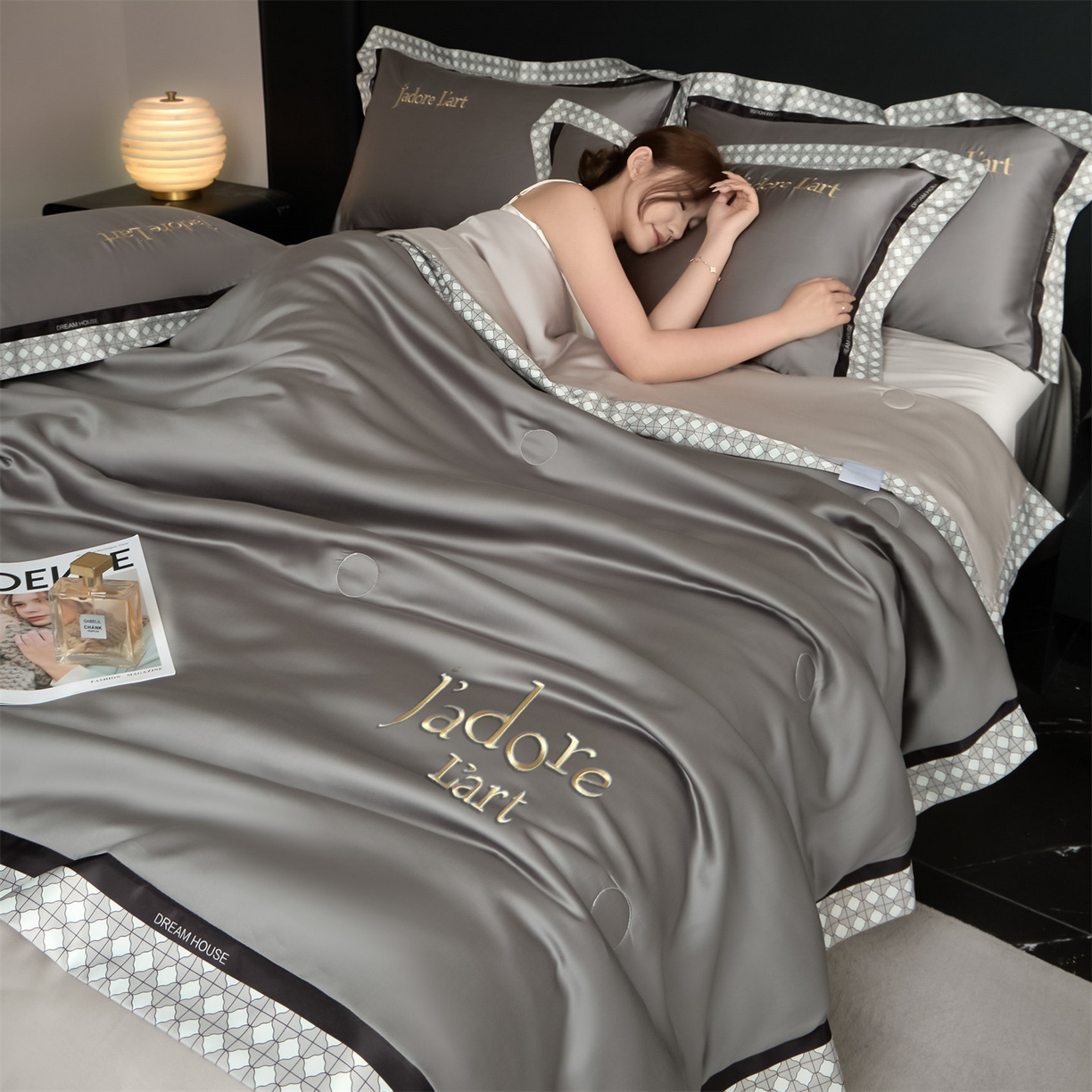 笙意家纺 2026新款水洗冰丝刺绣宽边夏被四件套-艾斯系列 艾斯-中灰+山灰