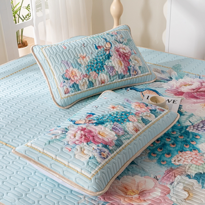 91家纺网 家纺一手货源 找家纺 美丽折家纺 2026新款凉感丝乳胶凉席款 乳胶凉席三件套 雀舞轻扬