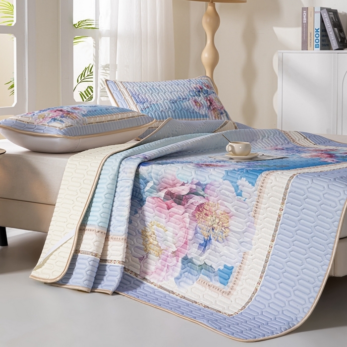 91家纺网 家纺一手货源 找家纺 美丽折家纺 2026新款凉感丝乳胶凉席款 乳胶凉席三件套 水墨江南