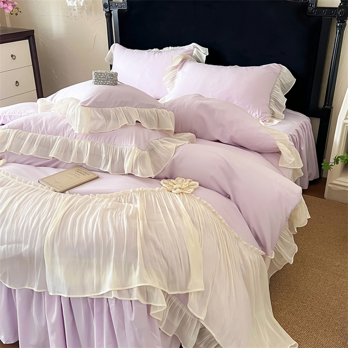 91家纺网 家纺一手货源 找家纺 富盛家纺 2026新款水洗亲肤棉雪纺蕾丝法式床裙韩版四件套 自由女神—紫